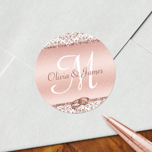 Sticker Rond Élégant Monogram Mariage Rose Gold