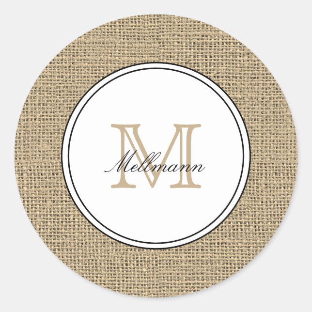 Sticker Rond Elegant Monogram Name Country Chic Style Burlap (Devant)