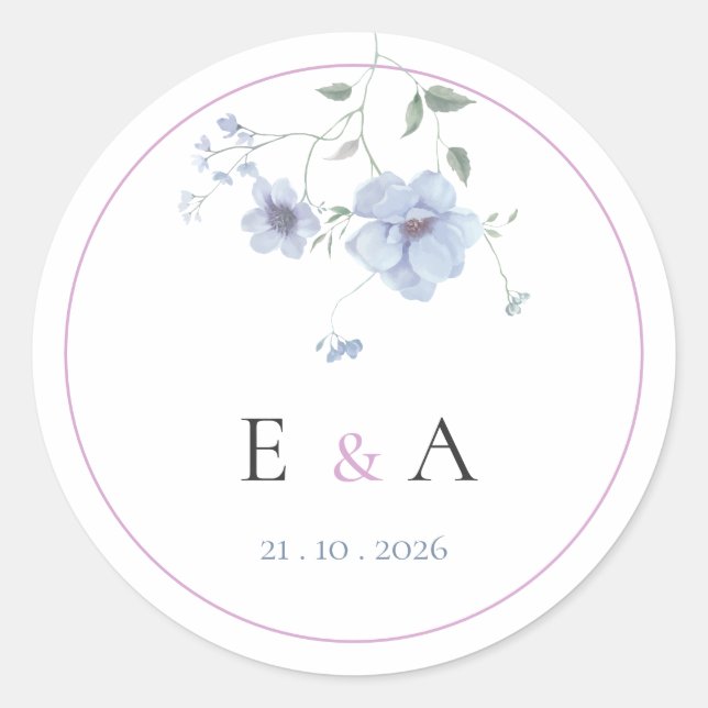 Sticker Rond Elegant Monogram Pink & Blue Floral Wedding  (Devant)