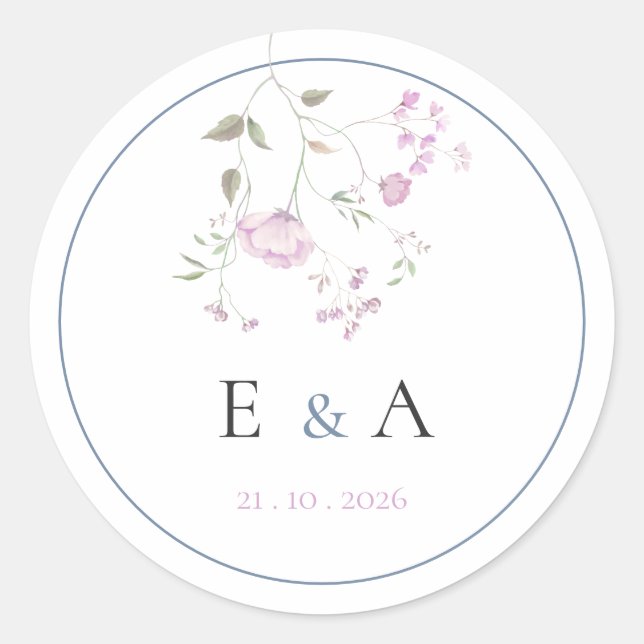 Sticker Rond Elegant Monogram Pink & Blue Floral Wedding  (Devant)