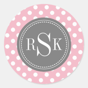 Sticker Rond Élégant Monogram Trio Pois rose