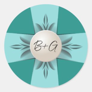 Sticker Rond Élégant Monogram Turquoise Pearl Mariage de ruban