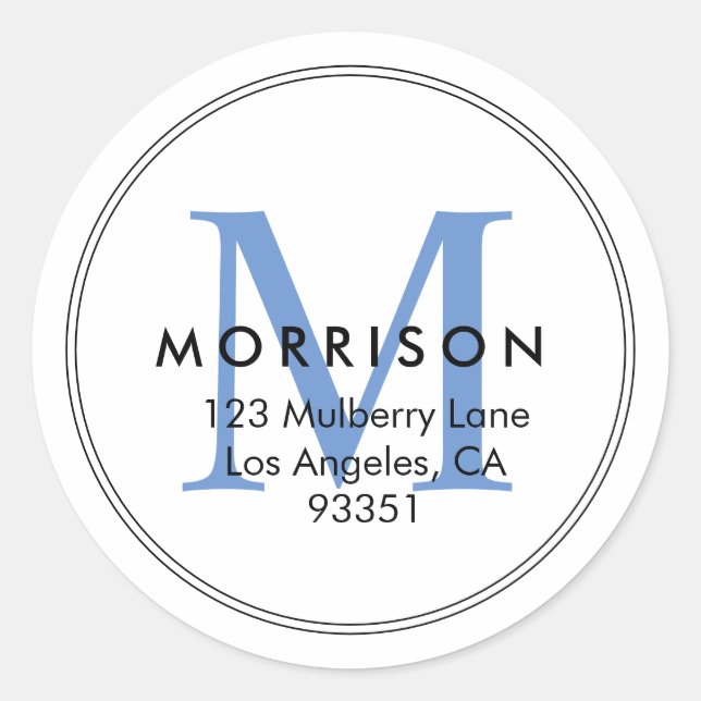 Sticker Rond Élégant Monogramme Adresse de Retour Bleu (Devant)