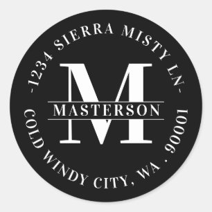 Sticker Rond Élégant Monogramme Black Circular Adresse de retou