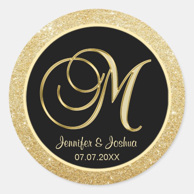 Sticker Rond Elégant Monogramme Black Gold Parties scintillant  (Devant)