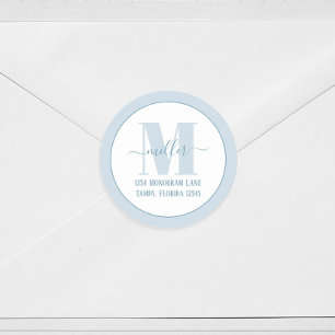 Sticker Rond Élégant Monogramme Bleu Simple Adresse de retour