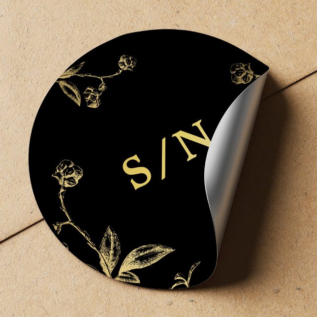 Sticker Rond Élégant monogramme chic or moderne noir mariage (Créateur téléchargé)