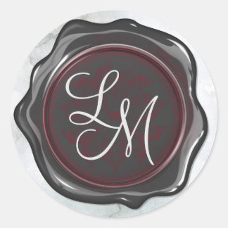 Sticker Rond Élégant Monogramme de cire noire et rouge brillant