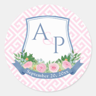Sticker Rond Élégant monogramme de mariage crest en rose et mar