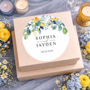 Sticker Rond Élégant monogramme de mariage floral jaune blanc