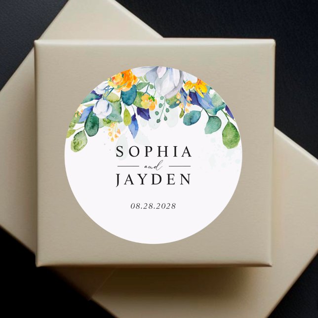 Sticker Rond Élégant monogramme de mariage floral jaune blanc (Créateur téléchargé)