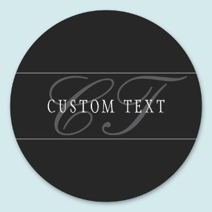 Sticker Rond Élégant monogramme de script modifiable noir gris 
