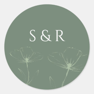 Sticker Rond Élégant Monogramme en Art Linéaire Floral Vert Sau