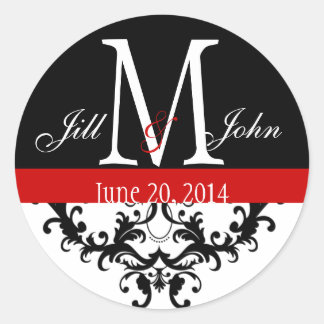 Sticker Rond Élégant Monogramme et torsades Mariage Sceau rouge