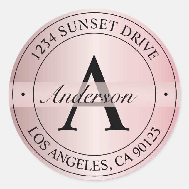 Sticker Rond Elégant Monogramme Faux Rose Gold & Black Adresse (Devant)