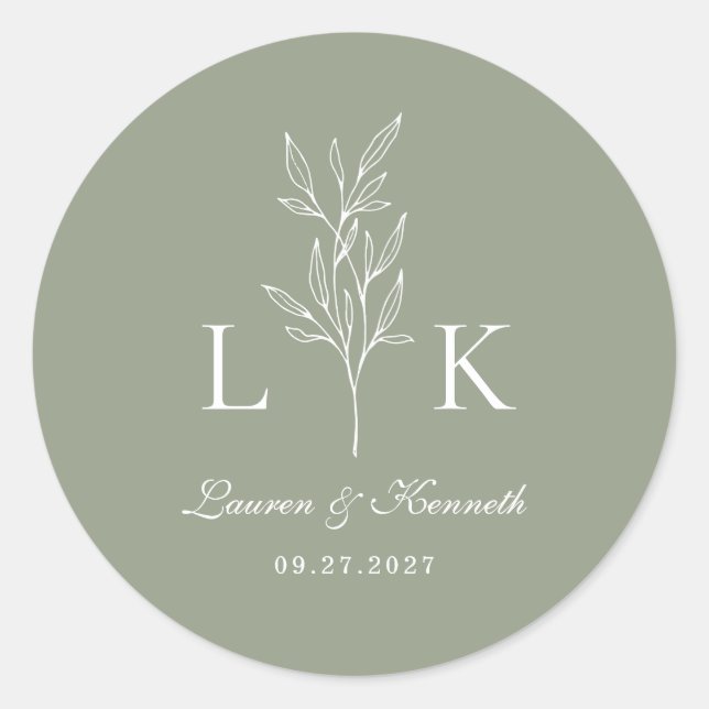 Sticker Rond Élégant Monogramme Feuille classique Mariage Sage  (Devant)