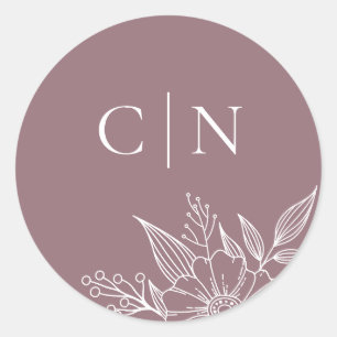 Sticker Rond Élégant Monogramme Floral Initiales Mauve Mariage