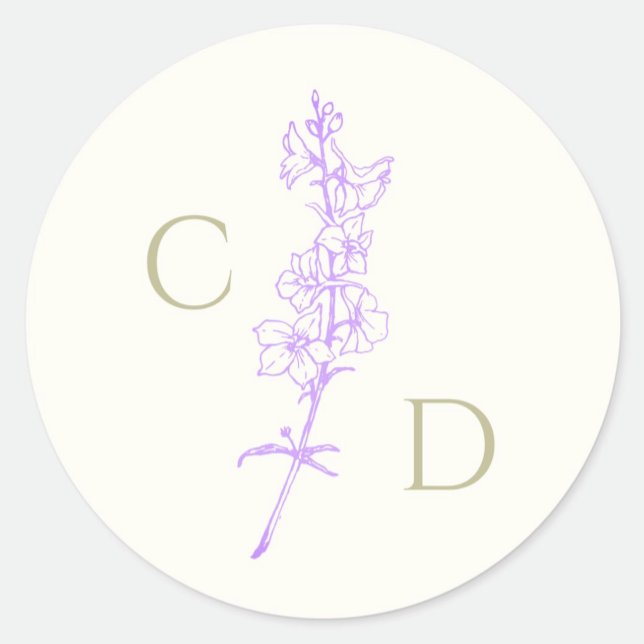 Sticker Rond Élégant Monogramme  Floral Larkspur Lavande  (Créateur téléchargé)