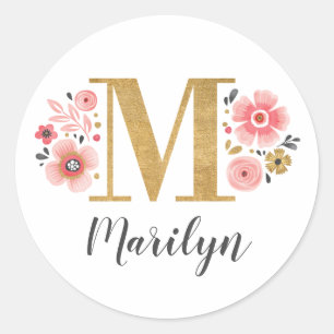 Sticker Rond Élégant Monogramme floral rose initial Lettre or M