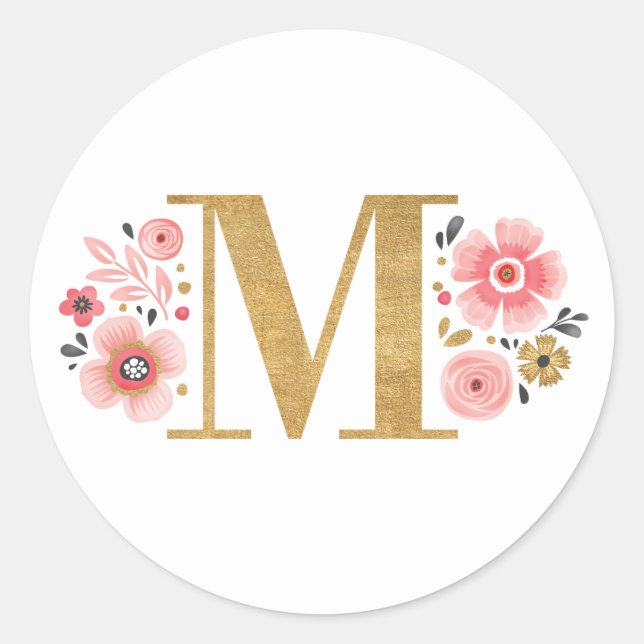 Sticker Rond Élégant Monogramme floral rose initial Lettre or M (Devant)