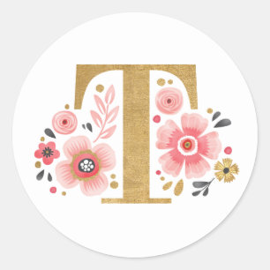 Sticker Rond Élégant Monogramme floral rose initial Lettre or T