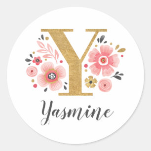 Sticker Rond Élégant Monogramme Floral Rose Lettre d'or initial