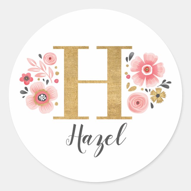 Sticker Rond Élégant Monogramme Floral Rose Lettre initiale H (Devant)