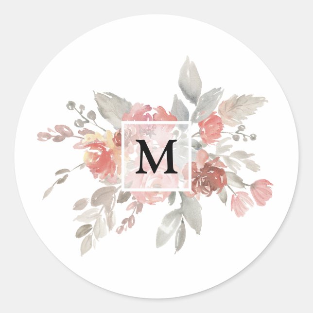 Sticker Rond Élégant Monogramme floral rose pâle (Devant)