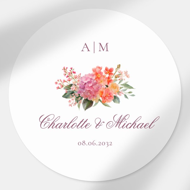 Sticker Rond  Élégant Monogramme Floral Script Mariage (Elegant Floral Monogram Script Wedding Classic Round Sticker)
