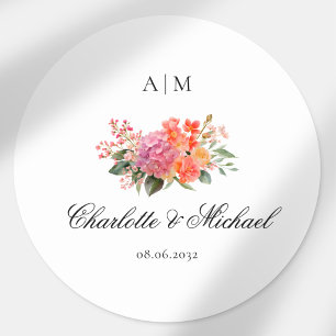 Sticker Rond Élégant Monogramme Floral Script Mariage