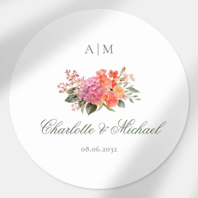 Sticker Rond  Élégant Monogramme Floral Script Mariage (Elegant Floral Monogram Script Wedding Classic Round Sticker)