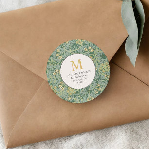 Sticker Rond Élégant Monogramme Floral Vert Adresse de Retour e