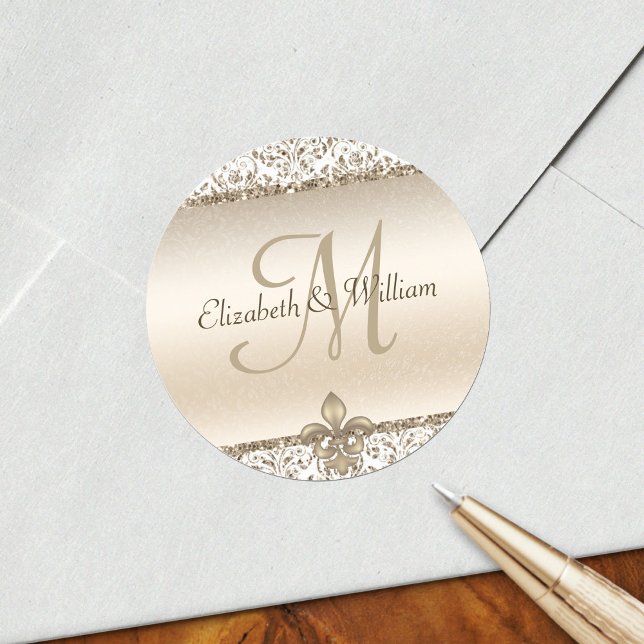 Sticker Rond Élégant Monogramme Mariage Champagne Fleur de Lis (Créateur téléchargé)