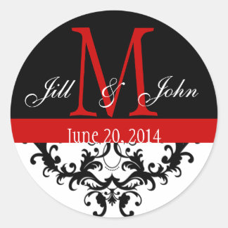 Sticker Rond Élégant Monogramme & Mariage rouge noir