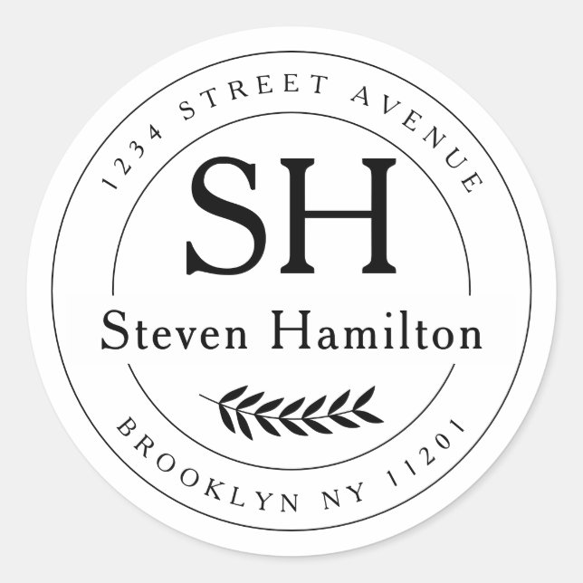 Sticker Rond Élégant Monogramme moderne Nom Feuille Adresse de  (Devant)
