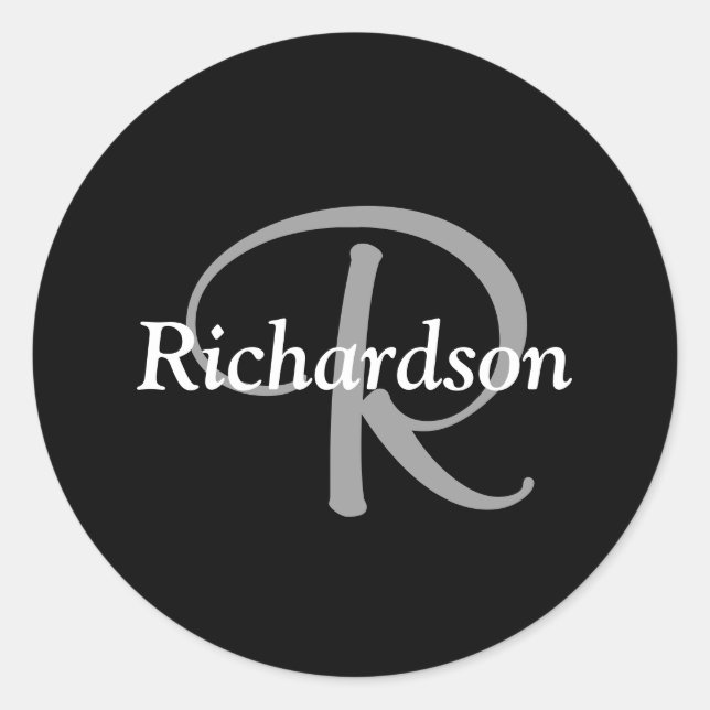 Sticker Rond Élégant Monogramme Noir Blanc et Gris Argent (Devant)