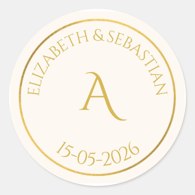Sticker Rond Élégant Monogramme Or Faveur de Mariage Minimalist (Devant)