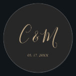 Sticker Rond Élégant Monogramme Or Mariage noir<br><div class="desc">Sticker de mariage élégant</div>