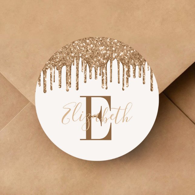 Sticker Rond Élégant Monogramme Paillettes Dorées Coulée (Elegant Monogram Gold Glitter Drip Classic Round Sticker)