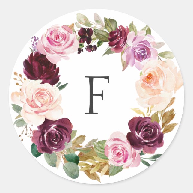Sticker Rond Élégant Monogramme Plum Purple Fall Floral Mariage (Devant)