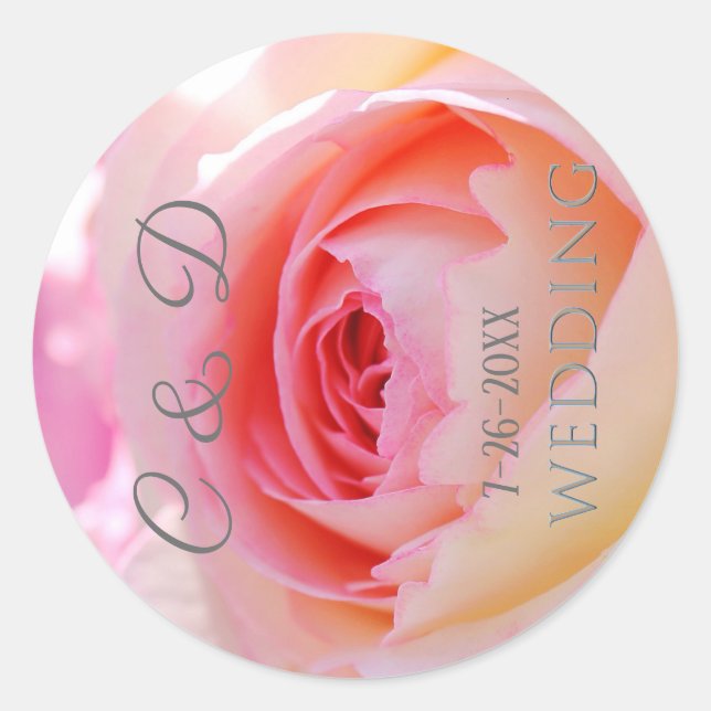 Sticker Rond Élégant. Monogramme rose avec Rose Mariage jaune (Devant)