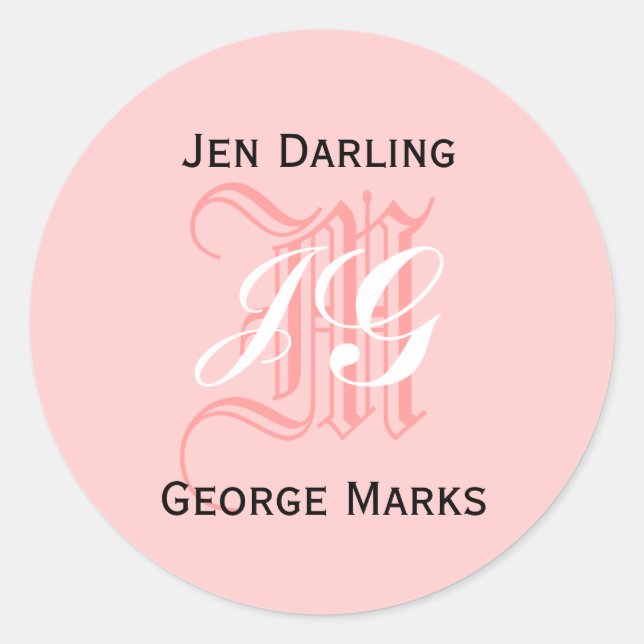 Sticker Rond Élégant monogramme rose, noir, blanc Mariage sceau (Devant)