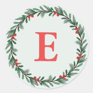 Sticker Rond Élégant Monogramme rouge vert couronne de Noël