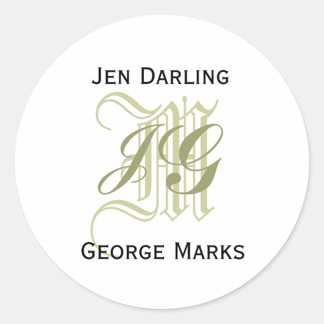 Sticker Rond Élégant monogramme Taupe et phoque Mariage blanc (Devant)