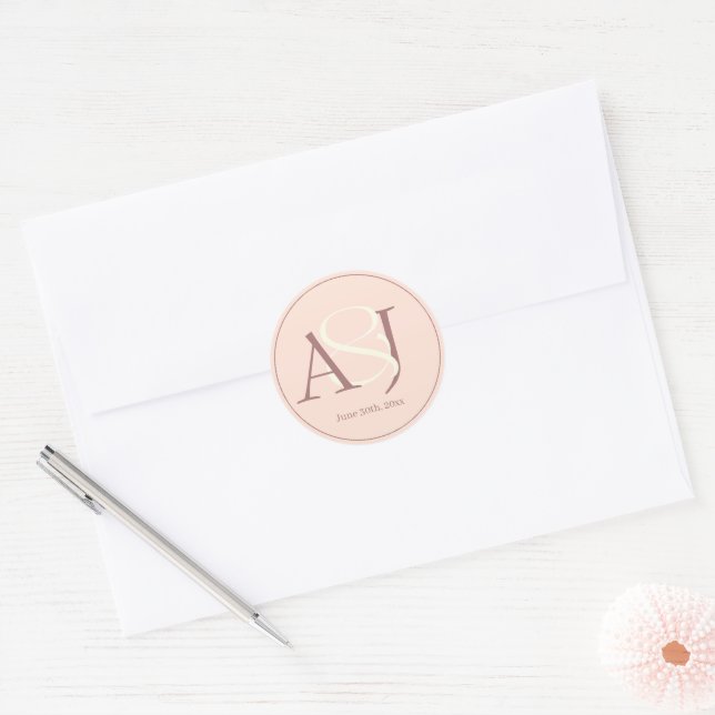 Sticker Rond Élégant Monogramme Tons Terreux Chauds Rose Mariag (Enveloppe)