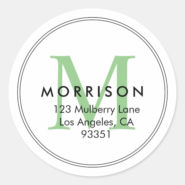 Sticker Rond Élégant monogramme vert Adresse de retour (Devant)