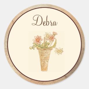 Sticker Rond Élégant Monogramme Vintage Rose et Fleurs Jaunes C