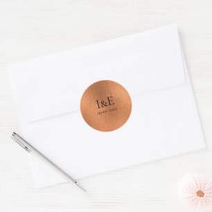 Sticker Rond Élégant Monogrammes Mariage Date Faux Copper Foil
