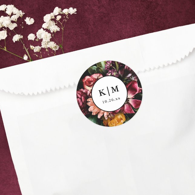 Sticker Rond Élégant + Moody Floral Mariage noir (Créateur téléchargé)
