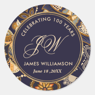 Sticker Rond Elégant Motif bleu et or 100e anniversaire